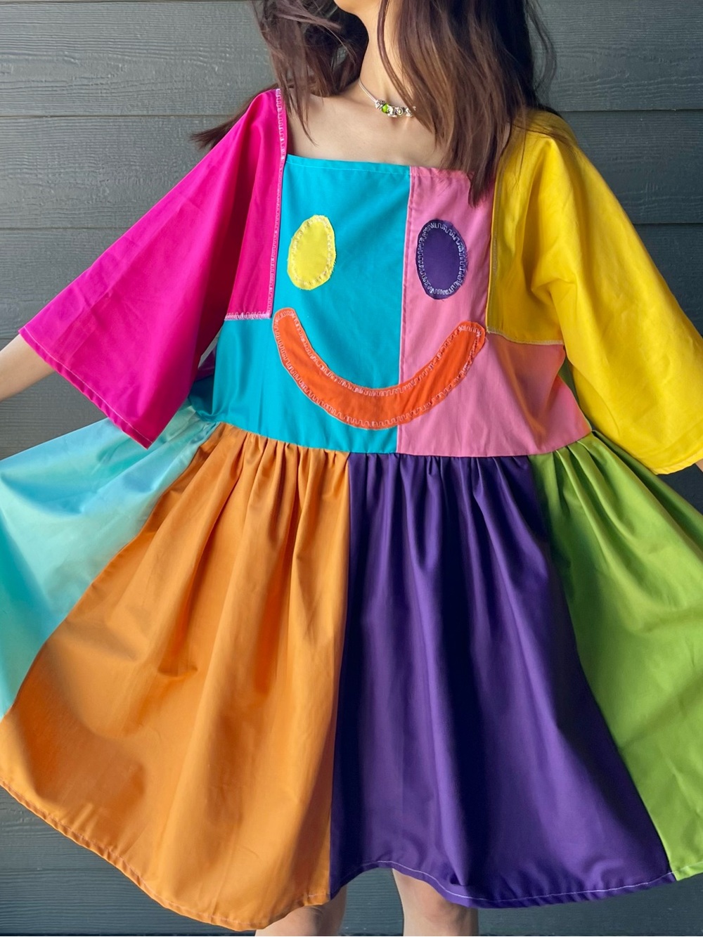HAPPY FACE SAD FACE | Handmade Quilted Colorblock Bandana Moody Dress SKU 07115
